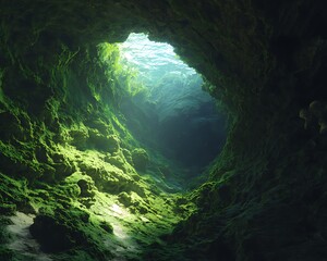 Sea Cave Slide Tunnel With Green Algae Textures Reef Patterns And Submarine Entrances