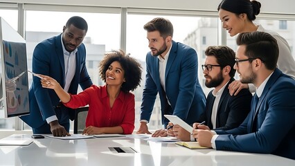 Diverse business team analyzing financial data on screen during office meeting room