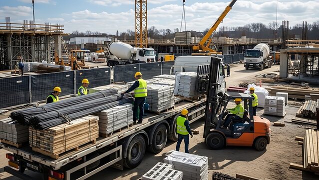 Industrial construction site with heavy trucks workers loading steel and materials