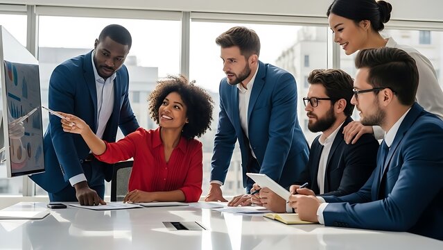 Diverse business team analyzing financial data on screen during office meeting room - Powered by Adobe