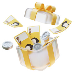 Dynamic 3D Explosion of 50,000 Won Bills and Coins from Gift Box