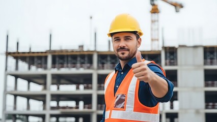Construction worker in hard hat and vest giving thumbs up on site