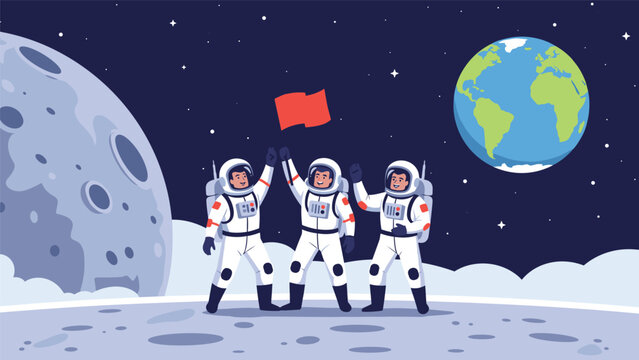 Three joyful astronauts celebrate their moon landing by planting a red flag on the lunar surface with the planet Earth visible in space.