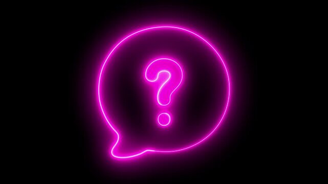 A vibrant neon glowing question mark inside a sleek, modern speech bubble icon. Speech bubble message icon with question mark icon animation on black background,