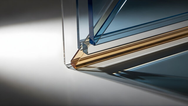 Light passing through layered glass structure background with sharp edges, reflective surfaces, and modern minimal design