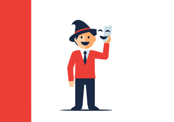 Man in hat holds happy and sad theater masks.