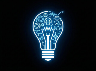 Glowing blue light bulb with gears and symbols inside on black