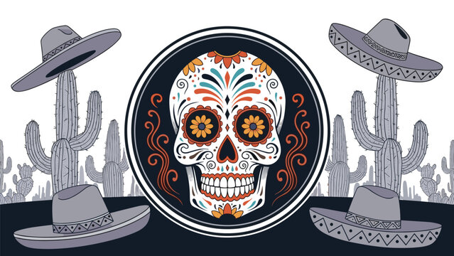 Traditional Mexican Day of the Dead celebration featuring a sugar skull centerpiece surrounded by desert cacti and grey sombreros.