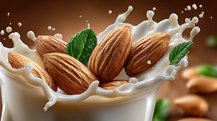 almond splashing in creamy milk with copy space, dairy free beverage concept