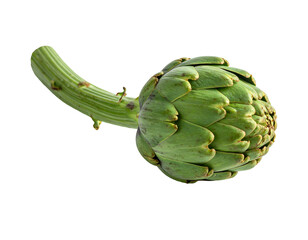 Isolated, close-up shot of a fresh green artichoke with stem, against a black background