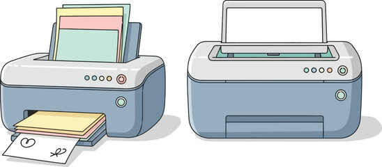 Illustration of modern inkjet and laser printers with paper output side by side