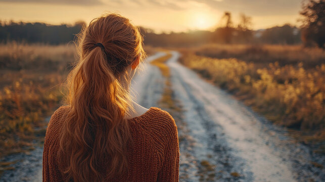 Young woman stands at a forked forest path, back to camera, contemplating two diverging routes-symbolizing choice, uncertainty, and deciding the next step in life's journey
