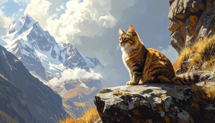 Obraz premium Tabby cat sitting on mountain rock with snowy peaks and alpine meadows in sunlight