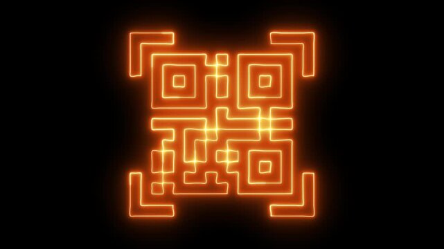 scan QR code barcode animation QR code scanner animated. A neon scanner icon displays a glowing, sleek representation of a barcode or QR code scanner, with light beams or digital lines.
