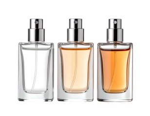 Three elegant glass perfume bottles with metallic spray tops on black