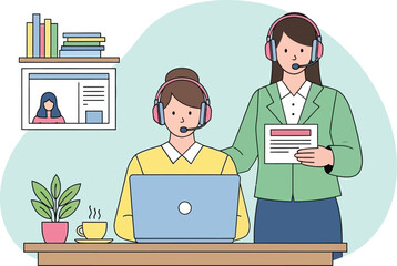 Customer Support Representatives Working Together in an Office Setting with Headsets and Laptop