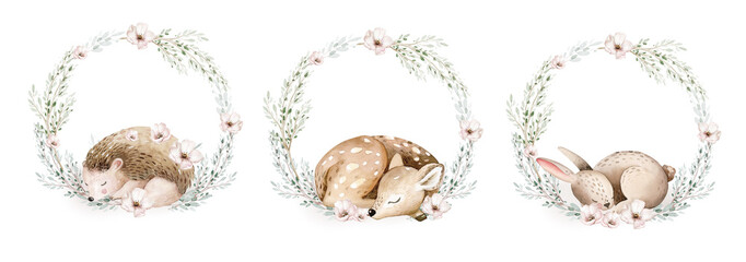 Obraz premium Watercolor cute sleeping baby fawn and bunny animal. Woodland nursery hedgehog and rabbit isolated illustration with floral wreath for children. watercolour forest deer drawing, floral image. 