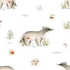 Watercolor cute baby badger seamless pattern woodland nursery ielements illustration for children. watercolour forest drawing, hand-drawn poster, baby shower. perfect for kids posters, patterns, 