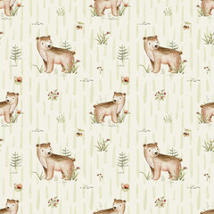 Watercolor seamless pattern with cute baby bear and woodland nursery for children with stump and acorn forest drawing with floral elements. perfect for kids posters, wallpaper © kris_art