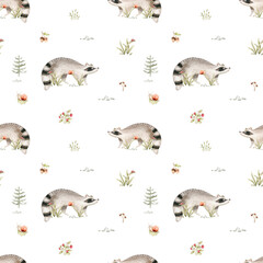 Watercolor seamless pattern of cute baby raccoon animal. Woodland nursery illustration for children wallpaper, textile and fabric pattern. 