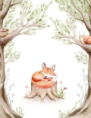 Watercolor baby shower template with cute baby fox in the forest and woodland nursery ready for use party invitation elements for children with stump and acorn forest drawing with floral elements. 