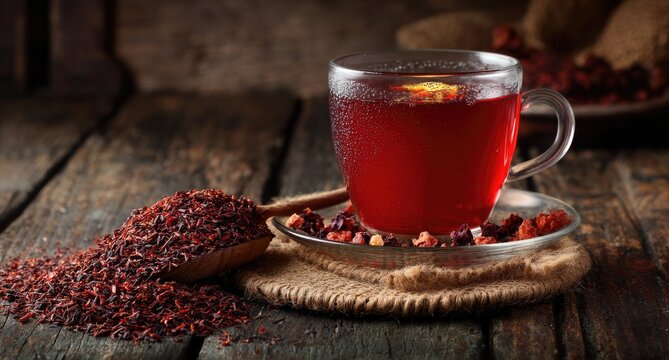Aromatic red tea in a clear cup, with dried herbs