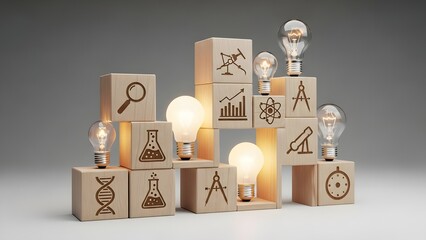 Concept of Scientific Discovery and Innovation represented by light bulbs and research icons on blocks