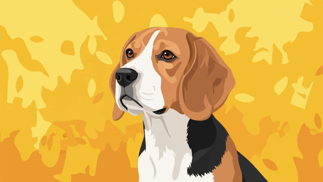 A tri-colored canine with soft fur, a noble expression, and droopy ears on a warm background