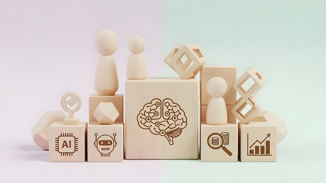 Conceptual representation of artificial intelligence development and data analysis with icons and wooden blocks - Powered by Adobe