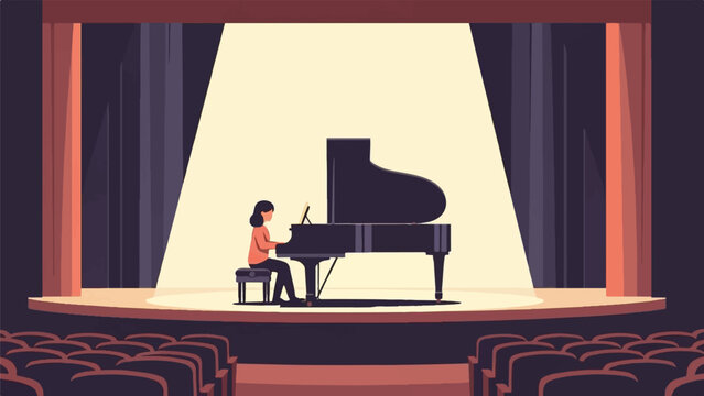 A lone person plays a grand piano on a brightly lit stage before an audience