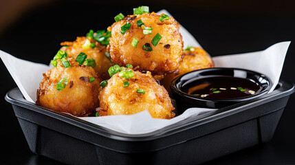 artistic food photography of golden fried coconut rice balls, served with dipping sauce, copy space