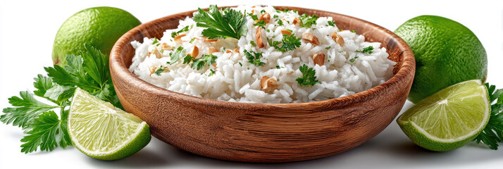 gourmet coconut rice with tropical fruits, exotic food photography style, copy space