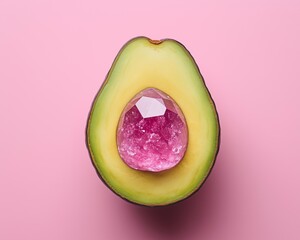 A halved avocado with a glstening pink gemstone in pace of the pit, set agains a soft pink background. Amodern take on food and luury fusion.