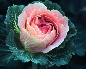 Cabbage rose, a type knownfor its densely packed, glbular blooms, resemble a cbbage head. The image physcally merges the two itemsthat share a common name i a visually striking, pop-rt style