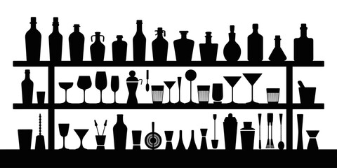 Elegant bar shelf silhouette with assorted liquor bottles cocktail glasses and bar tools in minimalist black and white for restaurant pub lounge advertising graphic design menu illustrations and sophi