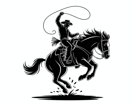 Silhouette cowboy riding horse throwing lasso vector illustration icon rodeo rider wild west silhouette design for sports apparel branding logo mascot template western lifestyle texas country design