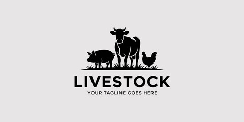 Livestock animals silhouette illustration featuring a cow pig and chicken standing together on a farm representing agriculture animal husbandry and rural lifestyle concept for food production and vete