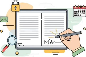 Digital signature and online document verification concept illustration