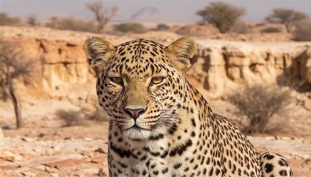 Close up of the Arabian leopard (Panthera pardus nimr) in natural habitat,  the southern edge of the Arabian Peninsula
