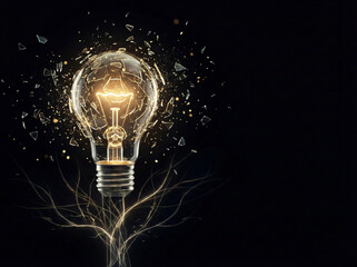 Glowing light bulb with tree roots on black background for idea, inspiration, creative concept. 