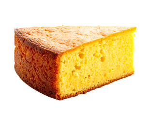 A slice of golden-yellow cake, slightly porous, isolated on a transparent background