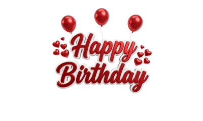 PNG image of Beautiful 3d rendered happy birthday typographic design featuring glossy red lettering and festive heart shaped balloons on transparent background