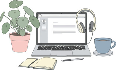 Minimalist workspace with laptop, headphones, potted plant, cup, and notebook for remote work or