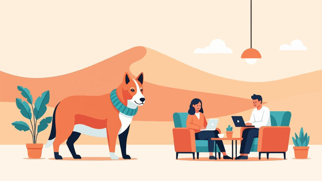 A dog and people working remotely in a desert-like setting
