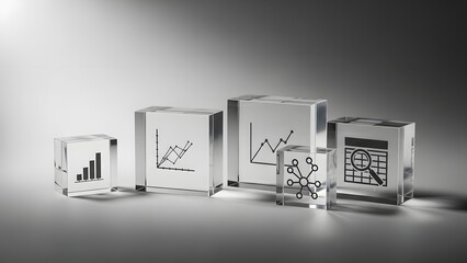 Transparent cubes with analytical symbols representing business intelligence, strategic planning, financial growth, and digital connectivity in a modern data-driven landscape