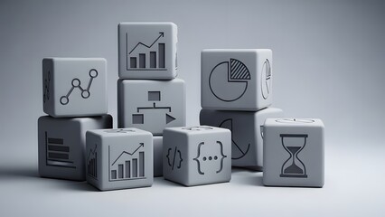 Grey cubes with icons for data analysis, business intelligence, programming, and strategy. Essential blocks for technological insights and digital decisions