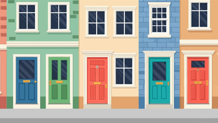 Fototapeta premium A row of colorful, flat-design townhouses with distinct doors and windows