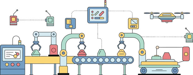 futuristic automated manufacturing line with robots and drones in a high-tech factory setting