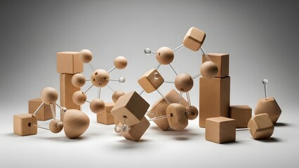 Abstract arrangement of natural wooden blocks and interconnected spheres, symbolizing structural integrity, conceptual frameworks, and collaborative development in a pristine, illuminated setting