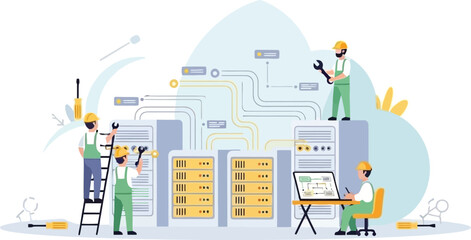 illustration of technicians working on data servers and networking equipment in a data center with